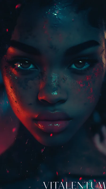 Close portrait shows stylized face under red and teal light