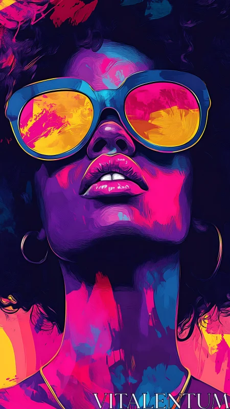 Neon duotone portrait with reflective sunglasses and bold glow.