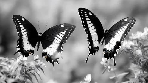 Two black swallowtail butterflies over soft blurred foliage.