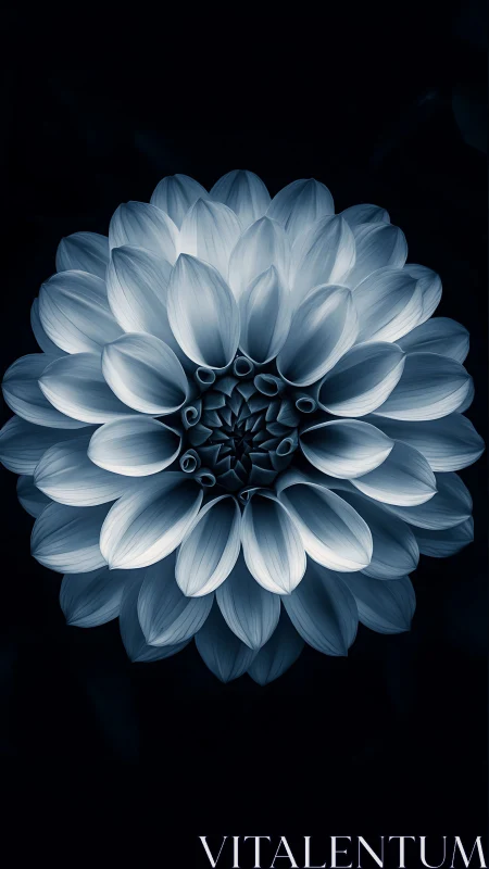 Blue Dahlia Bloom: Geometric Layered Petals Against Darkness
