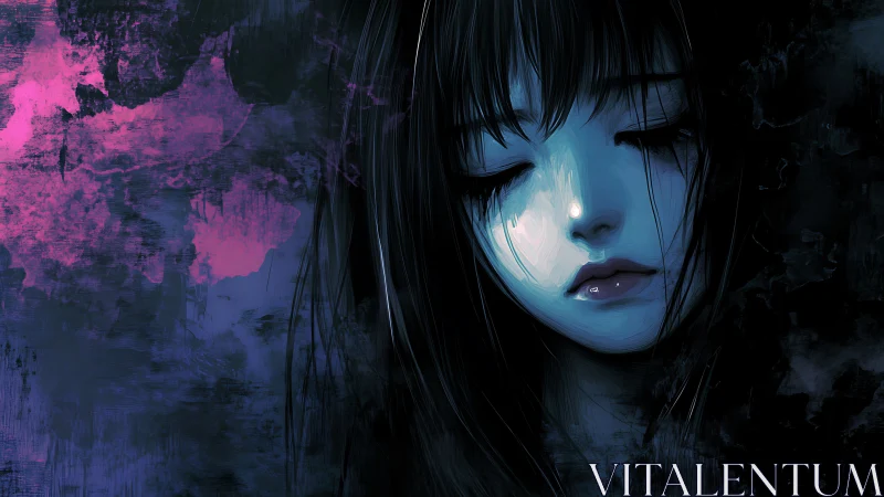 Closed-eyed blue-toned female portrait in dark field.