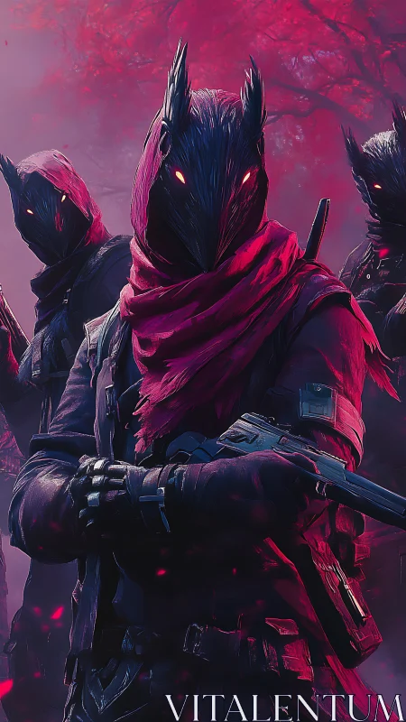 Masked gunfighter leads crimson forest hunters at dusk