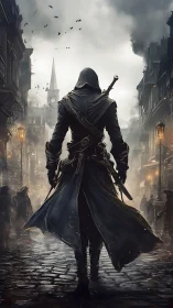Hooded rogue walks through foggy, grim medieval street.