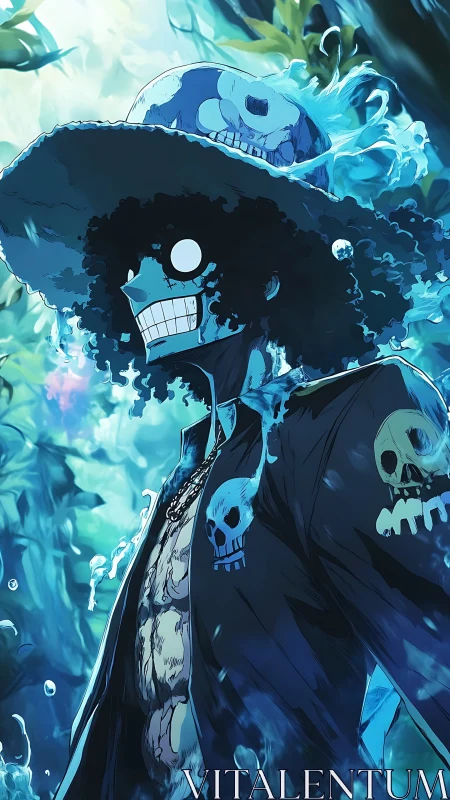 Flaming blue skeleton musician in underwater forest glow.