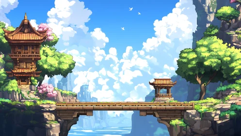 Bridge-linked cliff temples under expansive cumulus sky