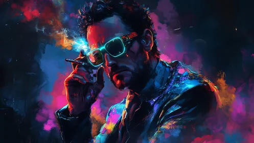 Male figure with neon glasses in colorful smoke field.