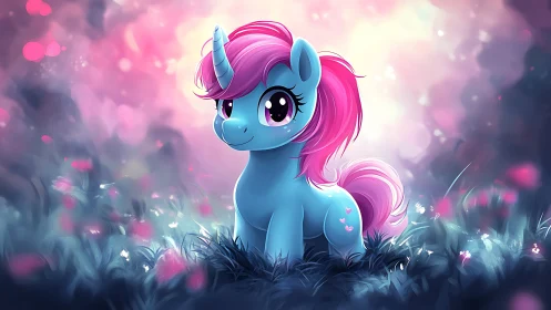 Blue cartoon unicorn pony in glowing pink meadow scene.