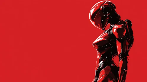 Red humanoid robot profile on stark monochrome field.