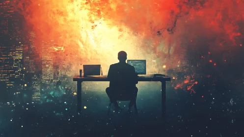 Hacker at workstation silhouette against explosive digital cityscape.