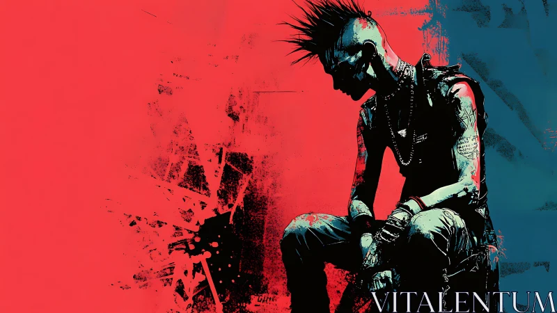 Cyberpunk punk portrait with red field and grunge split-screen.