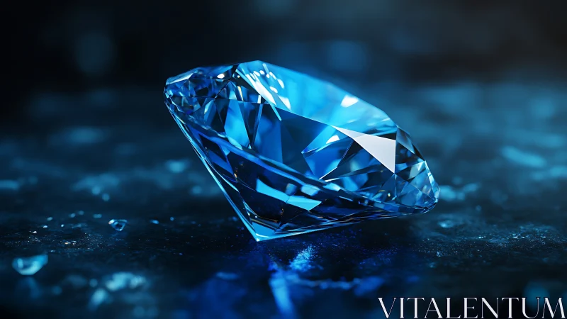 Blue diamond rests on icy surface under cool studio light.