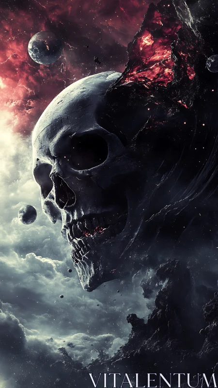 Colossal cosmic skull emerging from fractured asteroid nebula