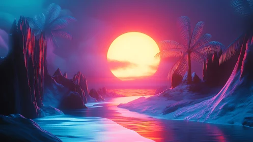 Neon sunset illuminates stylized tropical canyon with volumetric haze