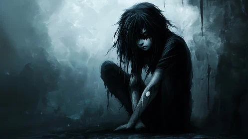 Solitary dark-haired figure crouched in cold blue shadows.