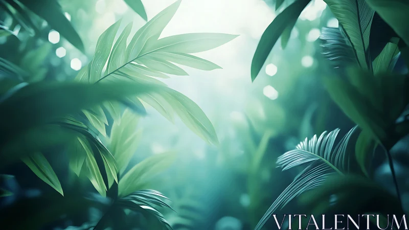 Lush tropical leaves in soft glowing forest light.