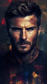 Intense male portrait framed by abstract fiery splashes.