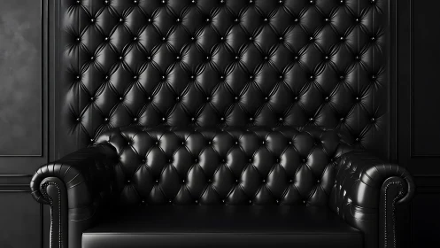 Black tufted leather sofa against padded wall backdrop.