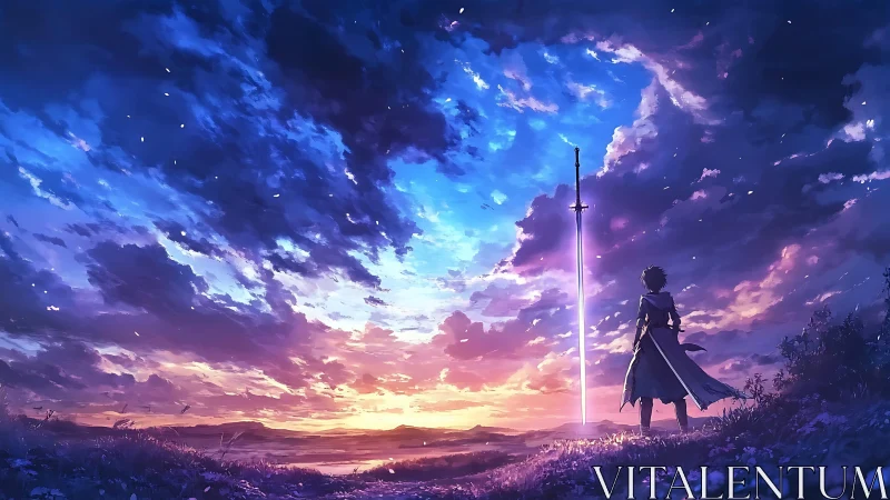 Lone swordsman faces radiant blade under twilight sky.