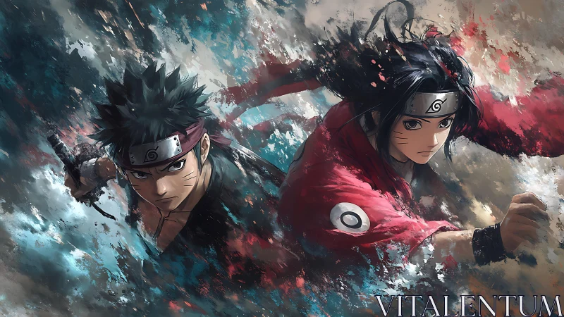 Two stylized shinobi advance through abstract turbulent motion