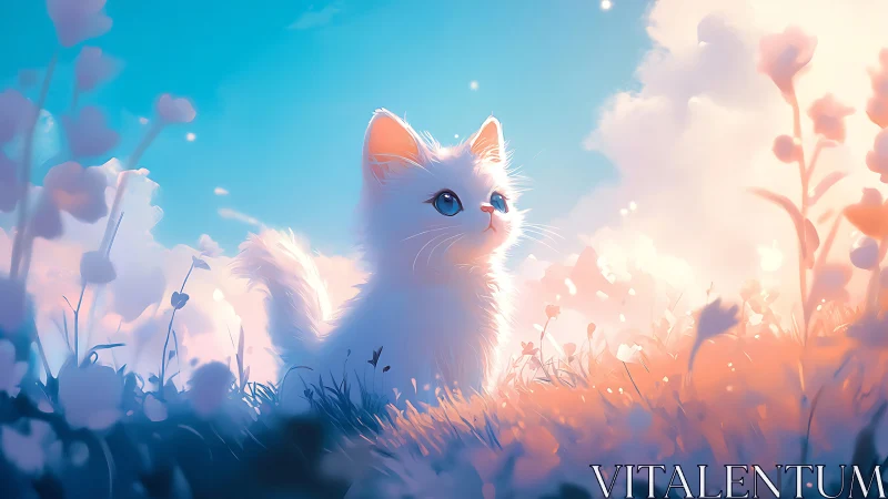 Luminescent Kitten in Ethereal Wildflower Field: Digital Painting.