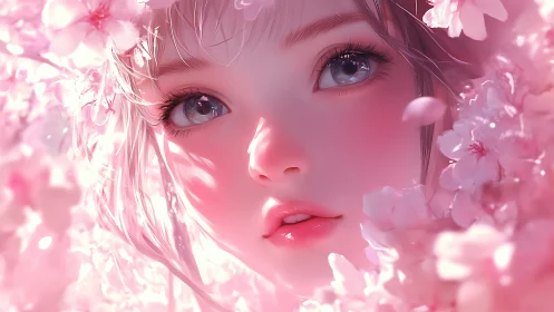 Close digital portrait of girl framed by pink blossoms.