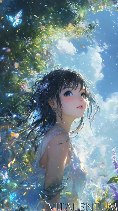 Girl in luminous garden under bright blue sky.