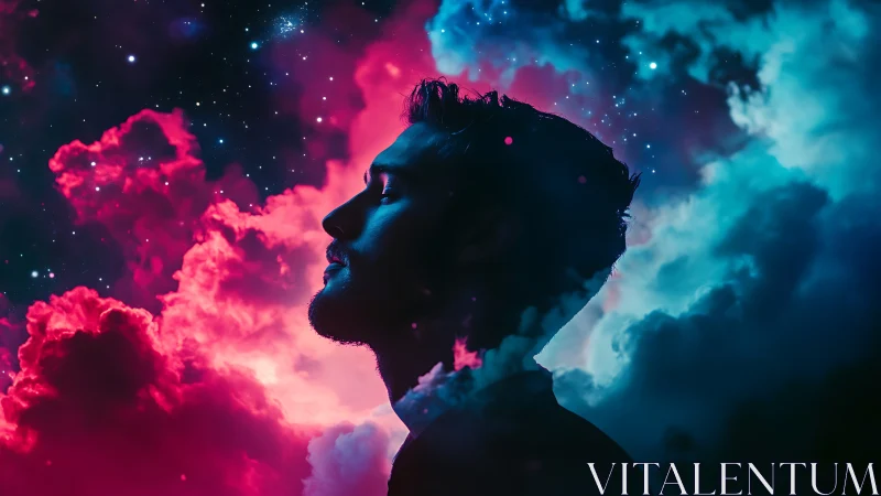 Silhouetted man in neon colored cosmic cloudscape profile.
