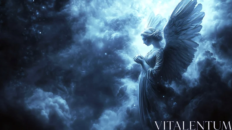 Gentle celestial angel resting in a dreamy blue sky.