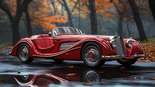 Classic red roadster parked on wet forest roadway