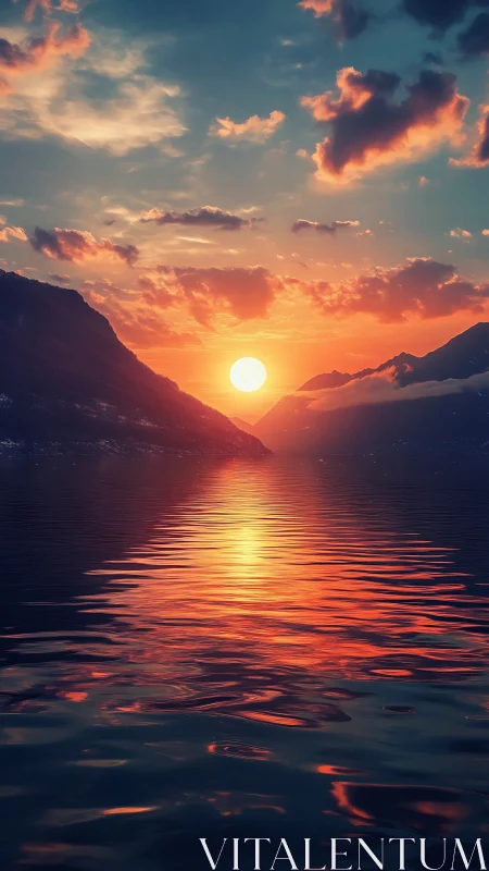 High-saturation mountain lake sunset with mirrored solar reflection