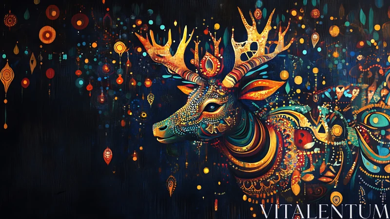 Luminescent polychrome stag with ornamental celestial motifs