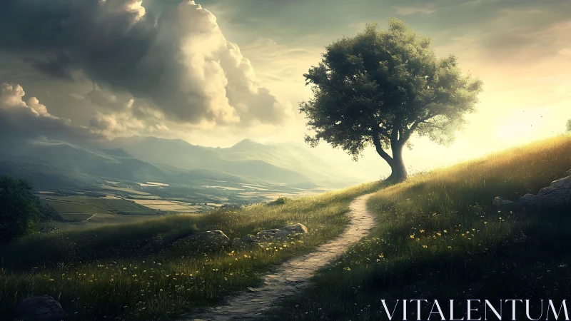 Solitary tree stands beside winding path on sunlit hillside