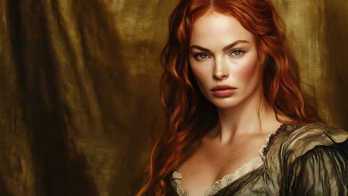 Red haired woman in period style dress against gold backdrop.