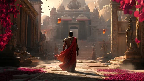 Lone warrior strides through ancient temple in rose-lit haze