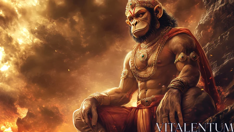 Firelit warrior-deity sits crowned in molten sunset clouds