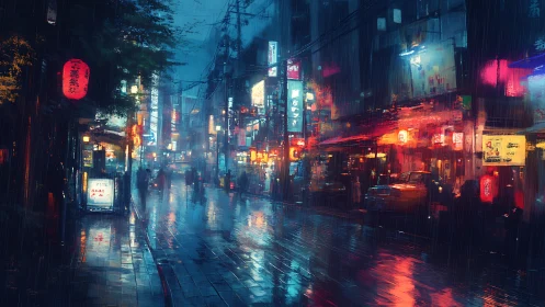 Cyberpunk rain-soaked alley with neon chromatic reflections.