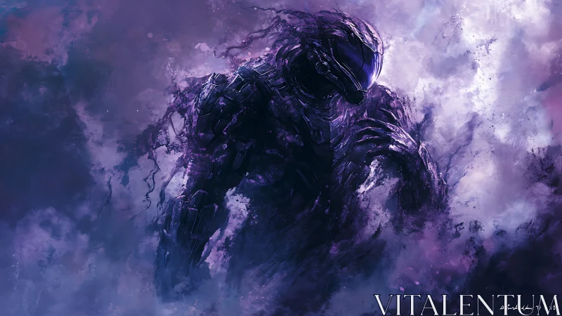 Armored alien figure emerging in swirling purple mist.