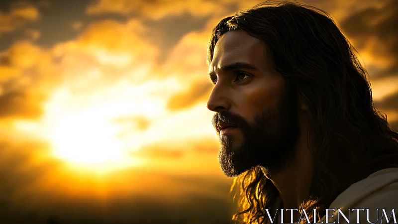 Dramatic bearded figure in profile against radiant sunset sky