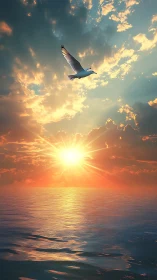 Seagull gliding above calm ocean at vivid sunset sky.