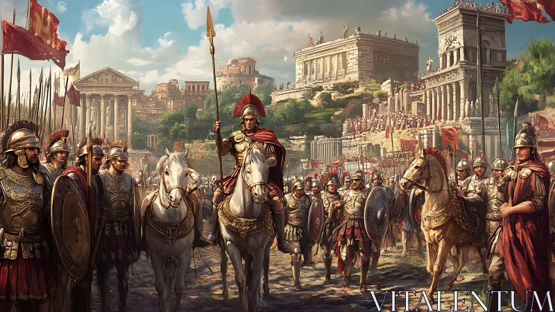 Triumphal Roman cavalry procession amid classical forum temples