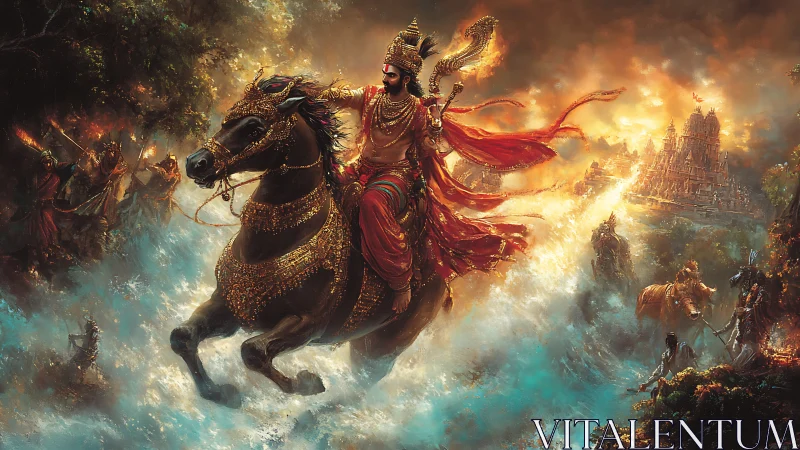 Warrior king charges through stormlit battlefield toward temple