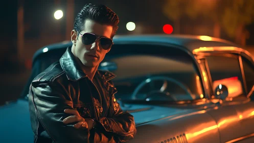Man in leather jacket beside vintage car at night street.