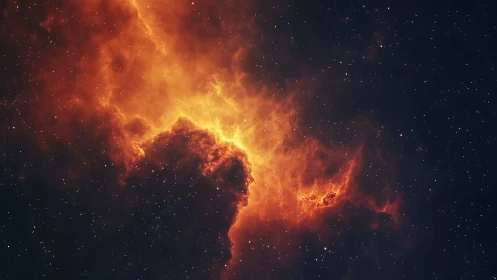Fiery cosmic nebula burns against a deep midnight starfield