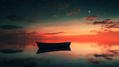 Nocturnal skiff on mirrorlike sea under gradient twilight sky.