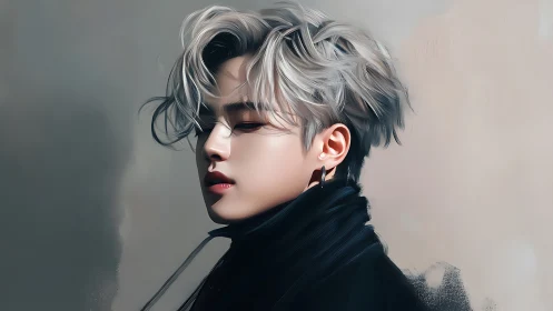 Moonlit silver hair drifts as quiet confidence takes form