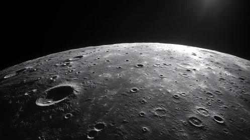 Lunar terminator view renders high-relief cratered regolith
