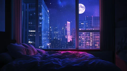 Neon-lit city night from unmade bed under full moon.