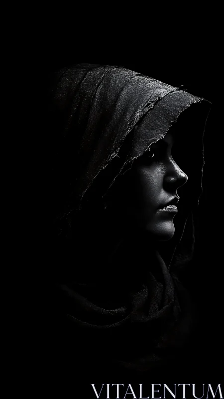 Hooded profile emerges from darkness in dramatic contrast