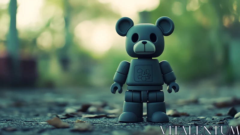 Toy bear robot stands on textured ground in soft bokeh forest