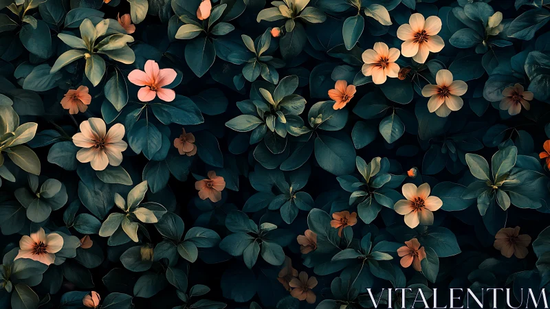 Floral arrangement with teal foliage and coral blooms.